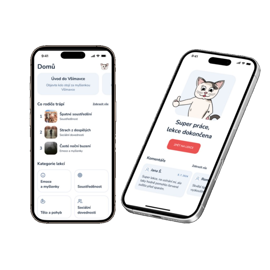 Náhled mobilní aplikace Všímavec pro rodiče – domovská obrazovka a dokončená lekce